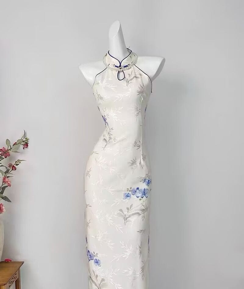 Water drop collar, bamboo leaf pattern, halter long Cheongsam