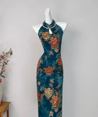 Water drop collar, halter blue midi Cheongsam