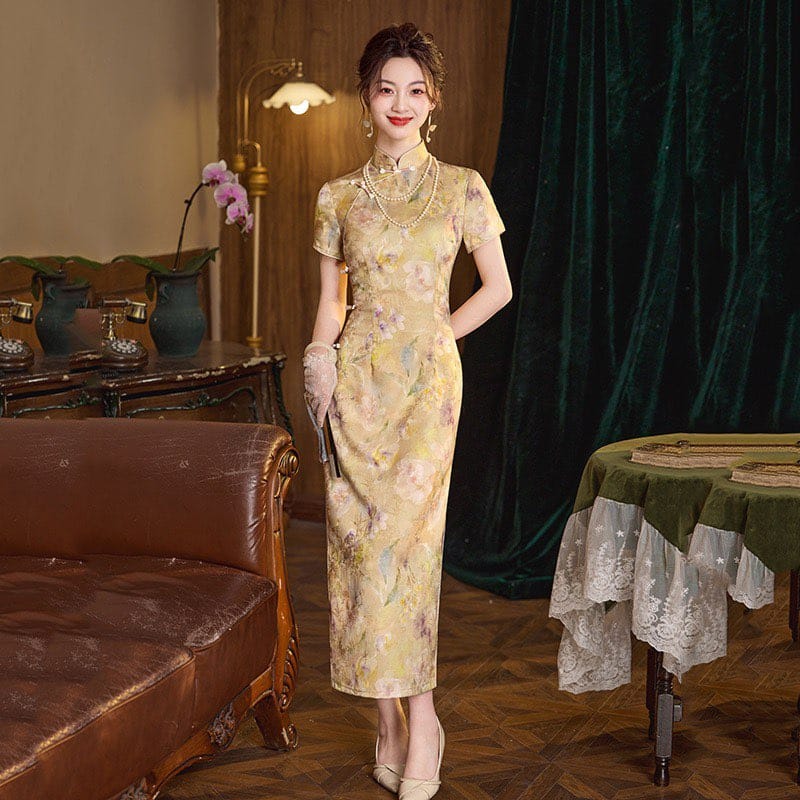 Floral pattern, jacquard satin midi Cheongsam