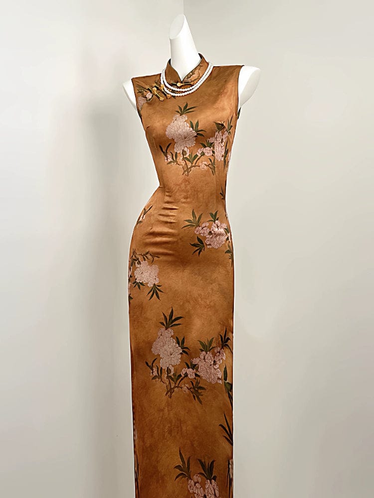Floral pattern, New Chinese style(新中式), satin long Cheongsam