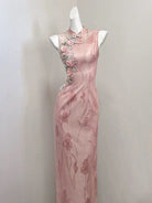 Floral embroidery, jacquard pink long Cheongsam
