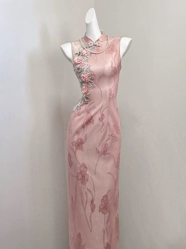 Floral embroidery, jacquard pink long Cheongsam