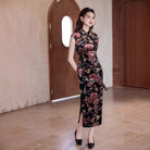 Alluring Blooms velvet black long Cheongsam