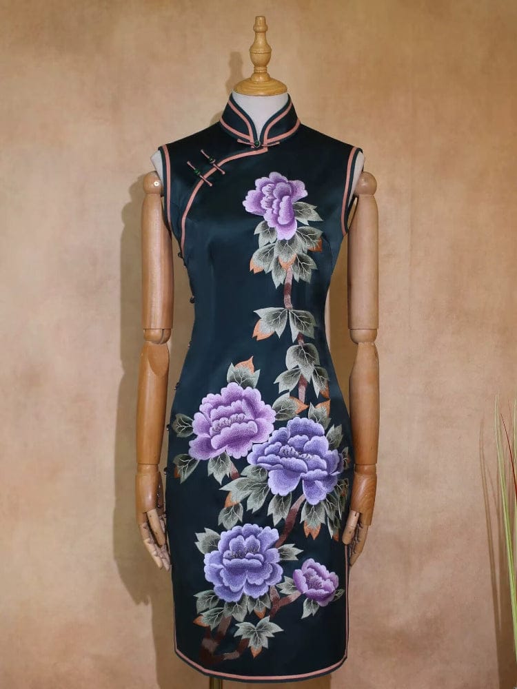 19 mome mulberry silk, High-end Floral embroidery midi Cheongsam