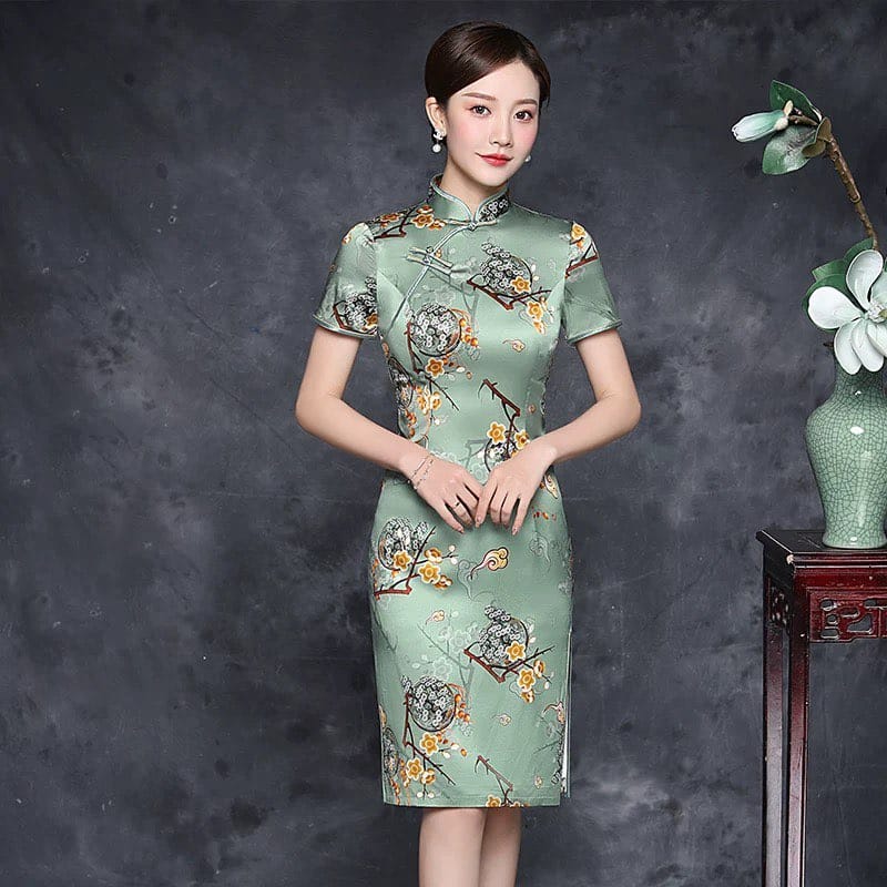 19 mome mulberry silk, Plum blossom pattern high-end midi Cheongsam