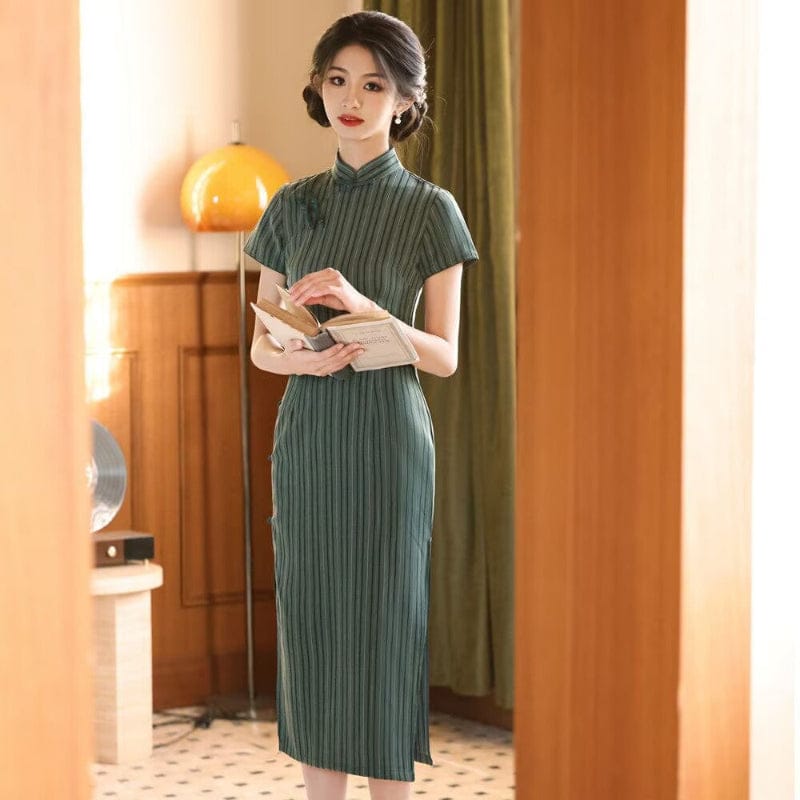 Chloe Stripe pattern midi Cheongsam