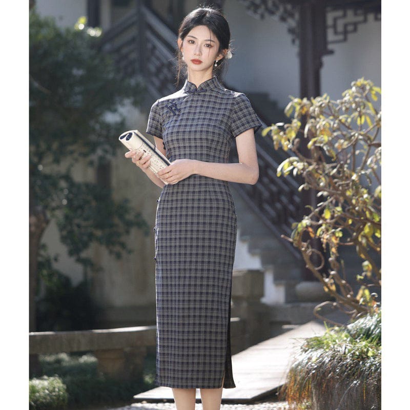 Jade Plaid pattern cotton midi Cheongsam