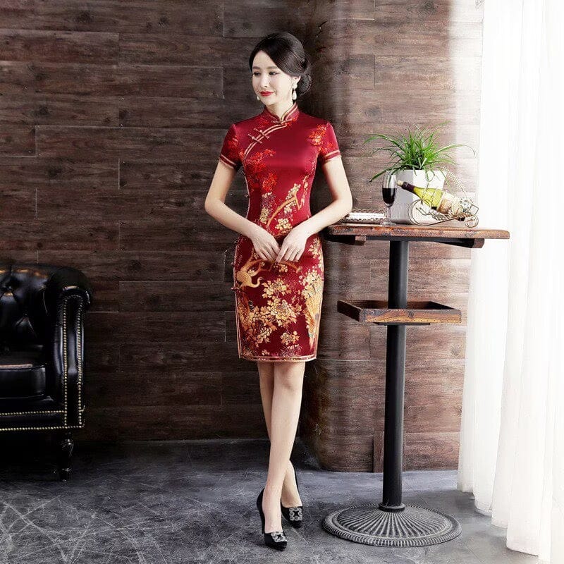 19 mome mulberry silk, High-end, wine red midi Cheongsam