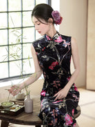 Elegant Admiration Lotus pattern velvet long Cheongsam