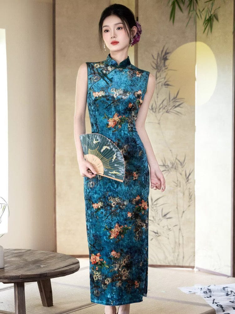 Celeste plum blossom velvet long Cheongsam