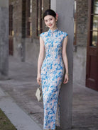 Noble Blue ramie long Cheongsam