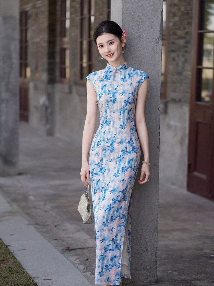 Noble Blue ramie long Cheongsam