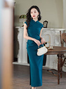 Hong Kong Style, plain blue long Cheongsam