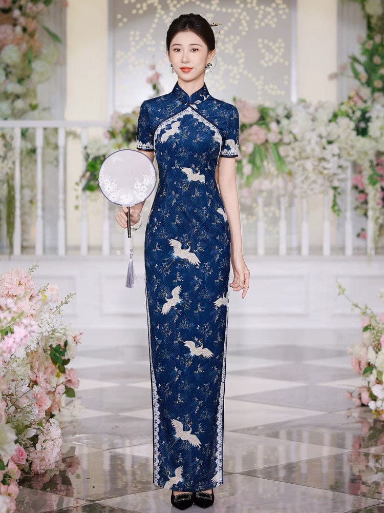 Novella Crane embroidery plus size long Cheongsam