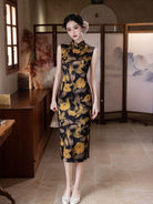 Lena leaf pattern sleeveless midi Cheongsam