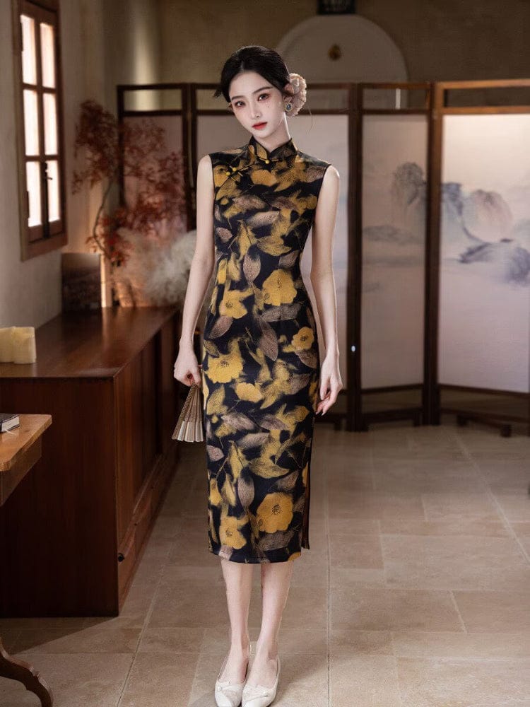 Lena leaf pattern sleeveless midi Cheongsam