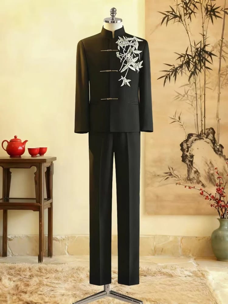 Gold and Silver bamboo leaf embroidery, Men's Chinese Tang Suit Set