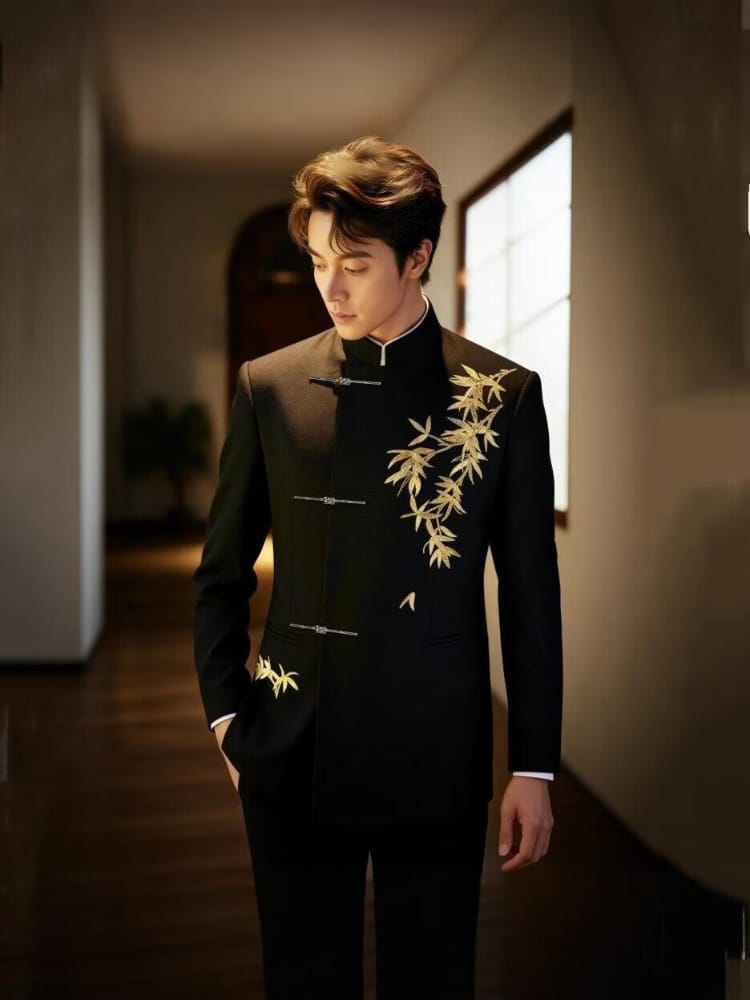 Men's Gold Bamboo Leaf Tang Suit Set | Chinese Groom's Attire & Wedding Tang Suit
