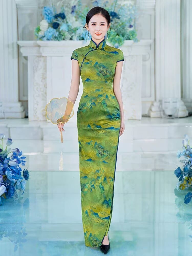 Thousand Miles of Mountains Pattern green Maxi Cheongsam