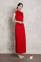 Exclusive designer collection, sleeveless, satin red midi Qipao