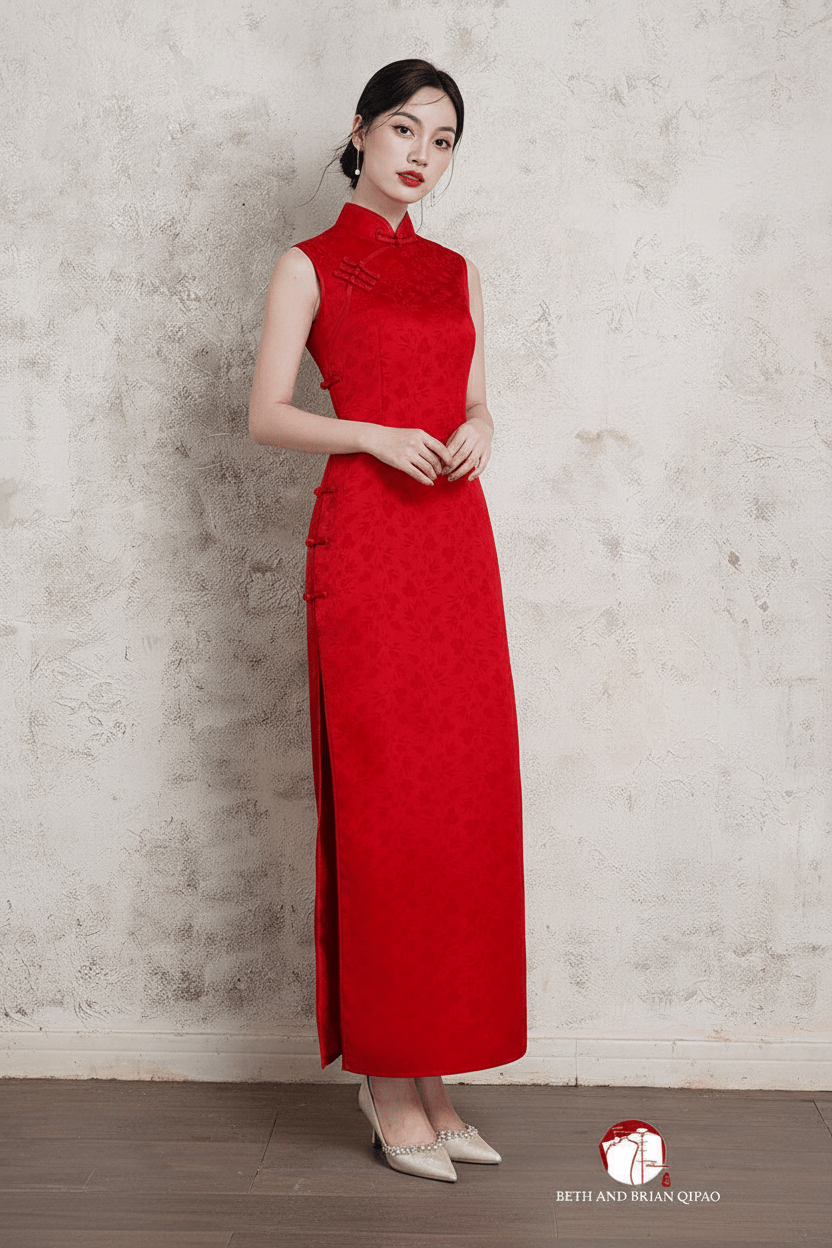 Exclusive designer collection, sleeveless, satin red midi Qipao