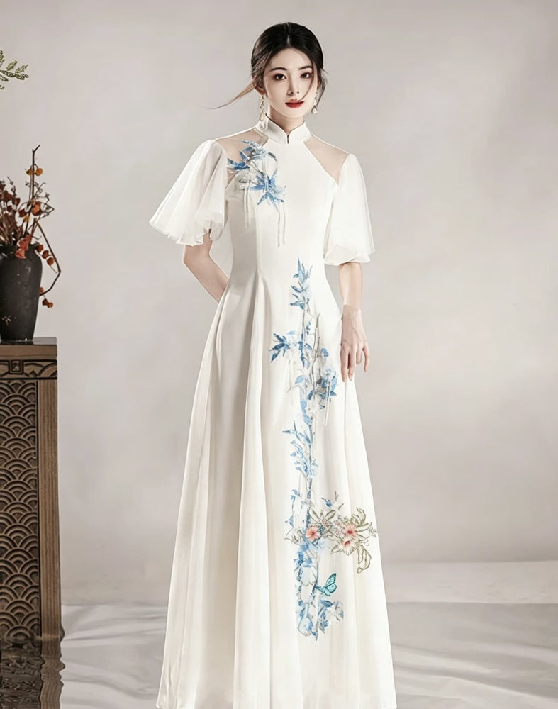 Catherine bamboo embroidery floor length A-Line Cheongsam