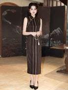 Old Shanghai style, stripe pattern, black and gold long Cheongsam