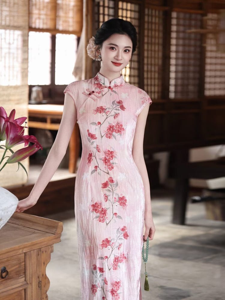 Gorgeous Essence Peach Bloom pattern midi Cheongsam