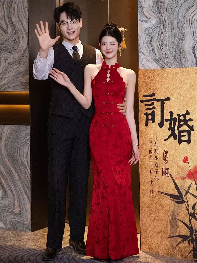 New Chinese style (新中式), floral halter mermaid Cheongsam