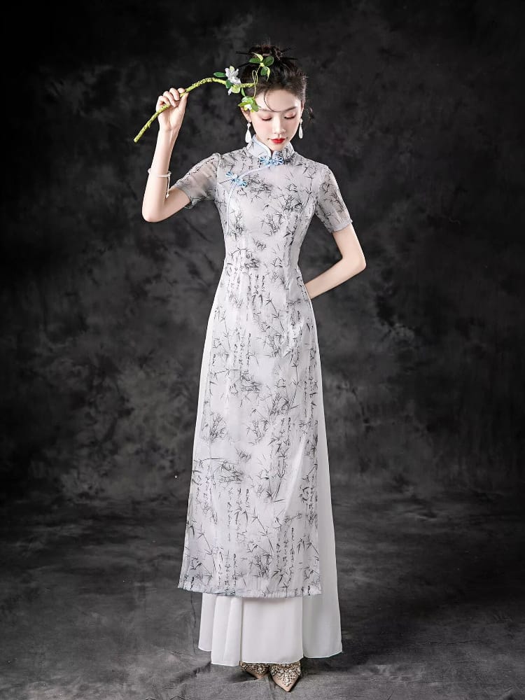Taylor Bamboo Leaf Chiffon A-Line Long Qipao/ Ao Dai