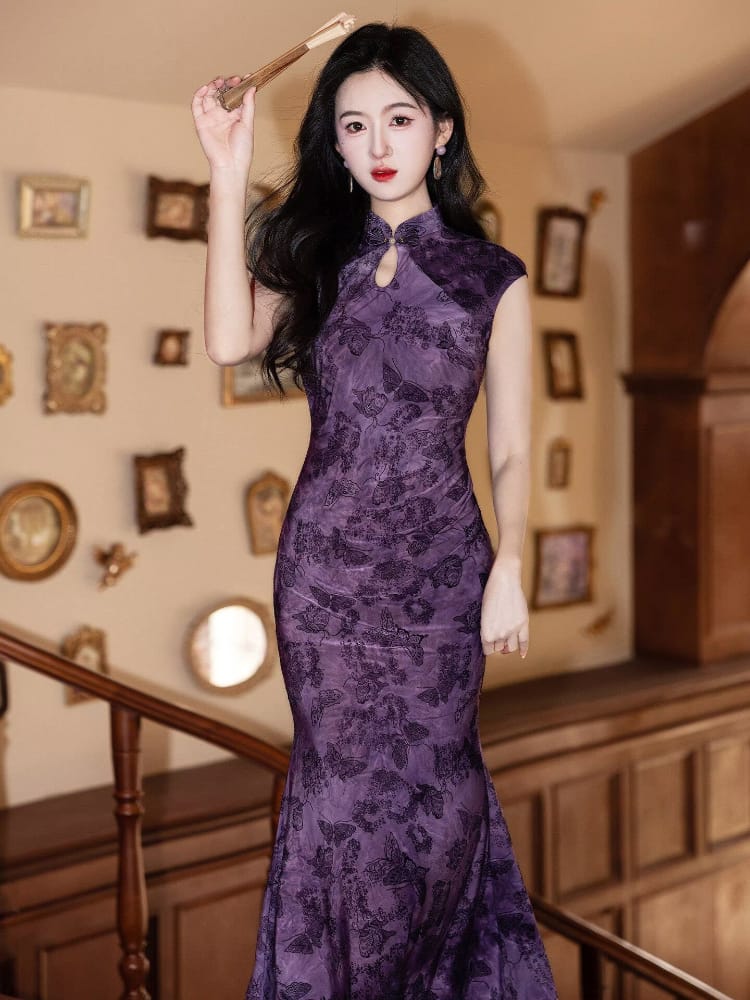 Audrey Stunning Flocking fabric midi Cheongsam