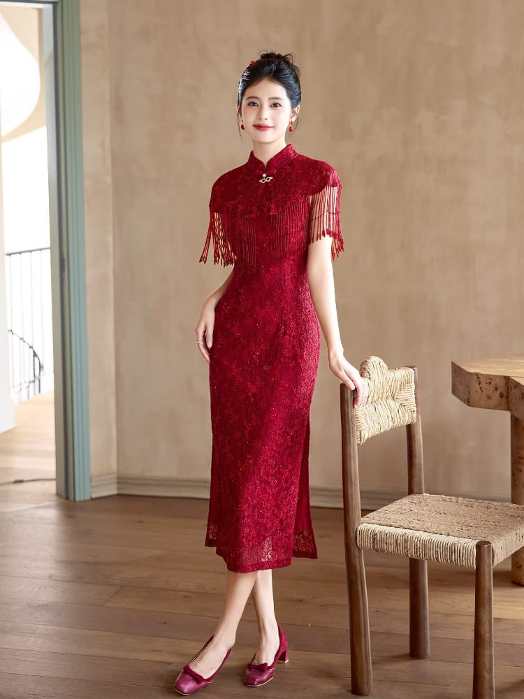Lilliana Gorgeous Chinese Bridal Midi Cheongsam Set