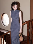 Old Shanghai style, plaid long Cheongsam