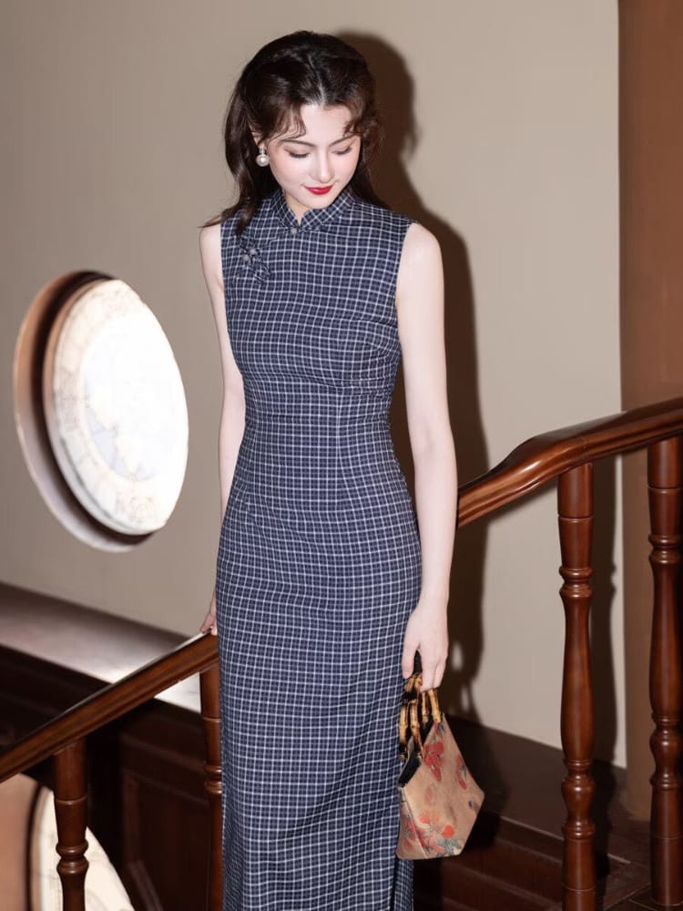 Old Shanghai style, plaid long Cheongsam