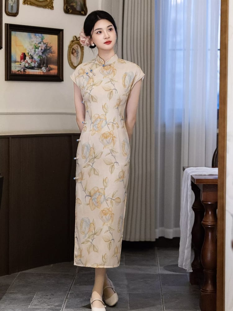 Lea Floral light yellow long Cheongsam