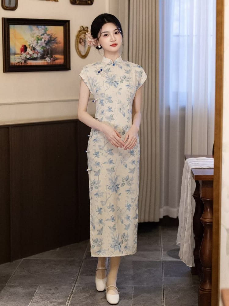 Chloe Blue Ramie Long Cheongsam
