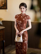 Caramel Reddish Brown Peony Pattern Long Cheongsam