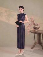 Hong Kong Style Dark Purple Stripe Satin Long Cheongsam