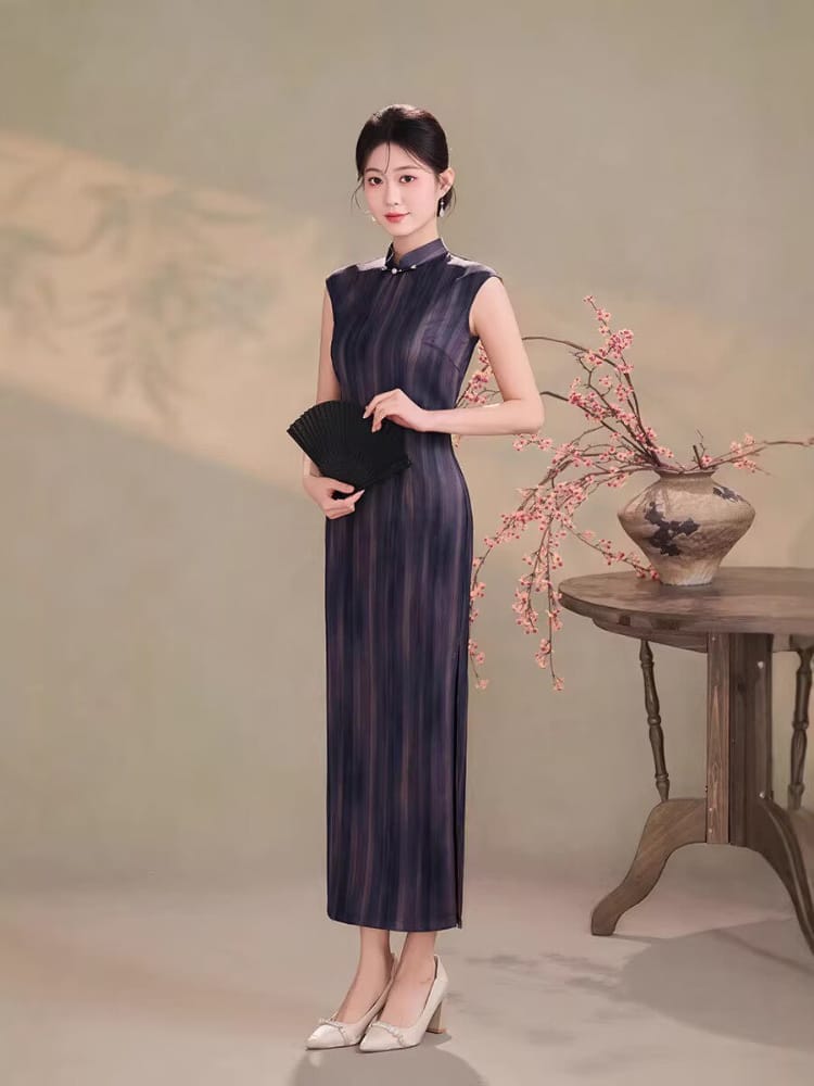 Hong Kong Style Dark Purple Stripe Satin Long Cheongsam