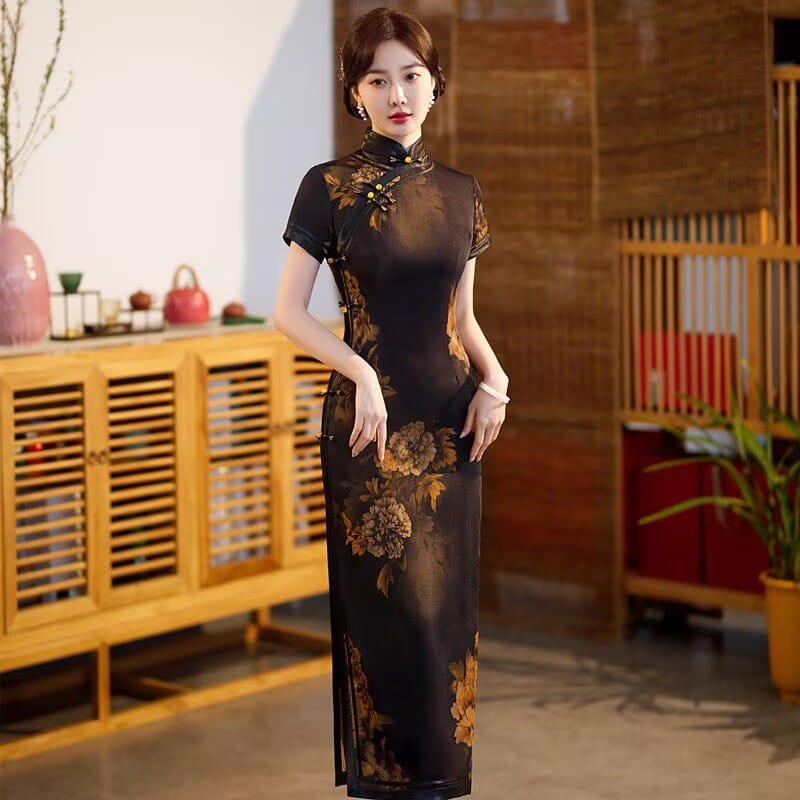 Emma Floral pattern acetate long Cheongsam