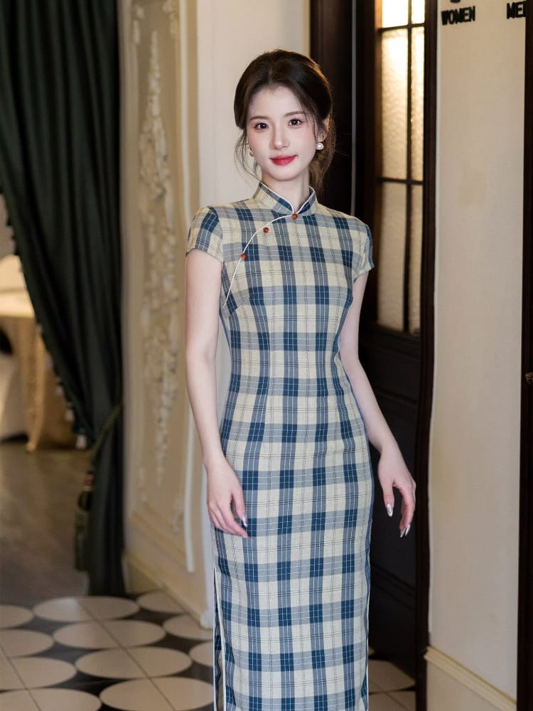 Eva Plaid pattern midi Cheongsam