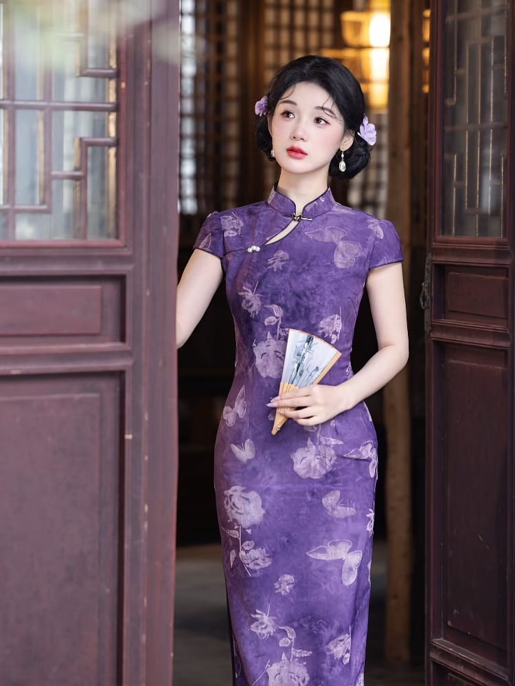 Maxine Flocking fabric butterfly midi Cheongsam
