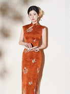 Jacquelyn Floral Embroidery Orange Satin Midi Cheongsam