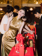 Samantha Gold Satin Long Cheongsam / Bespoke Wedding Qipao