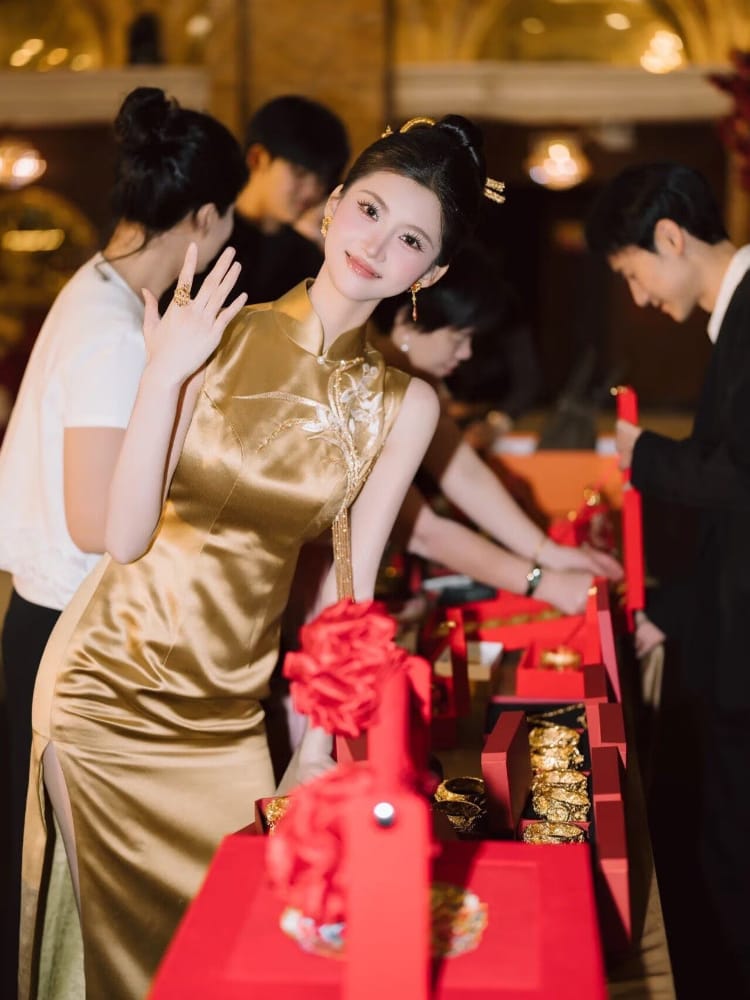 Samantha Gold Satin Long Cheongsam / Bespoke Wedding Qipao