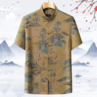 Men's Mandarin Collar Tang Shirt, Vintage Chinese Landscape Crane Print Tang Shirt