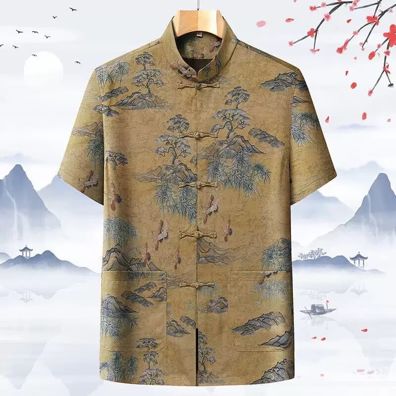 Men's Mandarin Collar Tang Shirt, Vintage Chinese Landscape Crane Print Tang Shirt