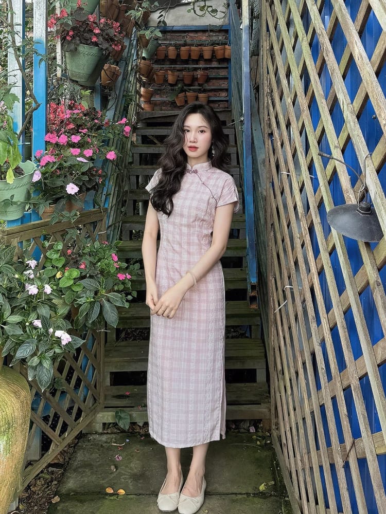 Catherine Plaid pink midi Cheongsam