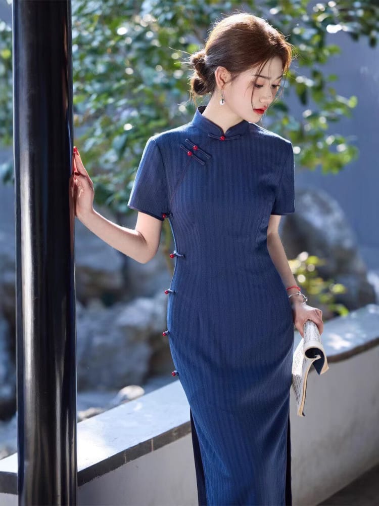 Lily Indigo Bamboo Linen, striped midi Cheongsam