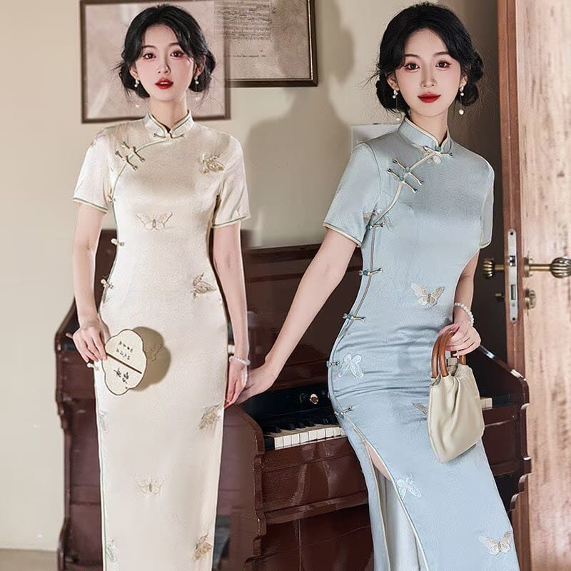 Hazel Butterfly embroidery Satin Cheongsam